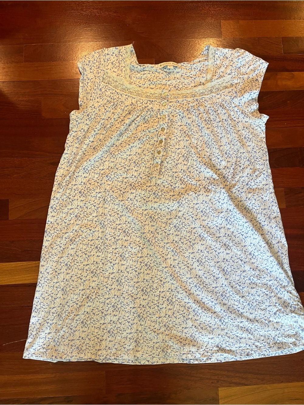 Eileen West Blue and White Floral Cap-Sleeve Nightdress 100% Cotton Large